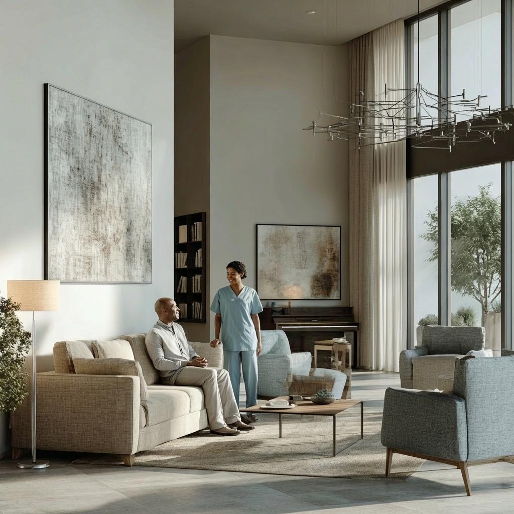 Profesional de salud realizando una visita a domicilio con pacientes en una sala